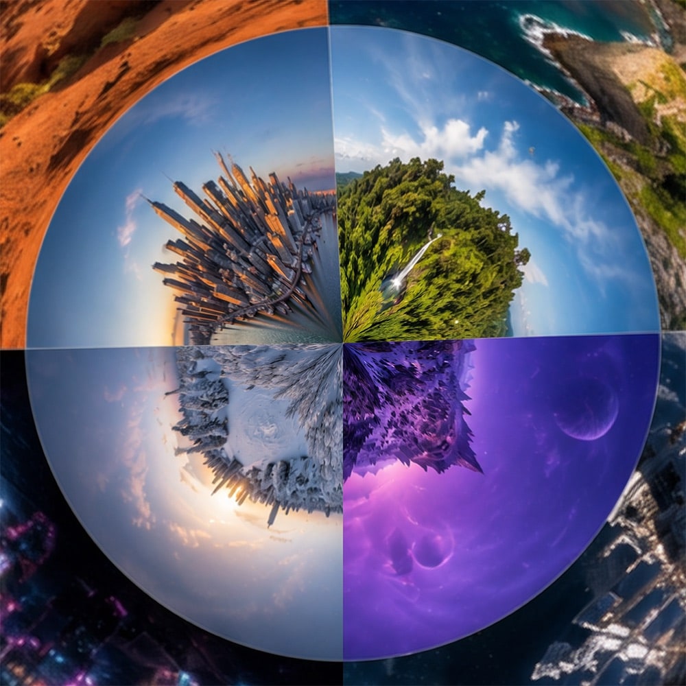 A neon city skyline as a tiny planet