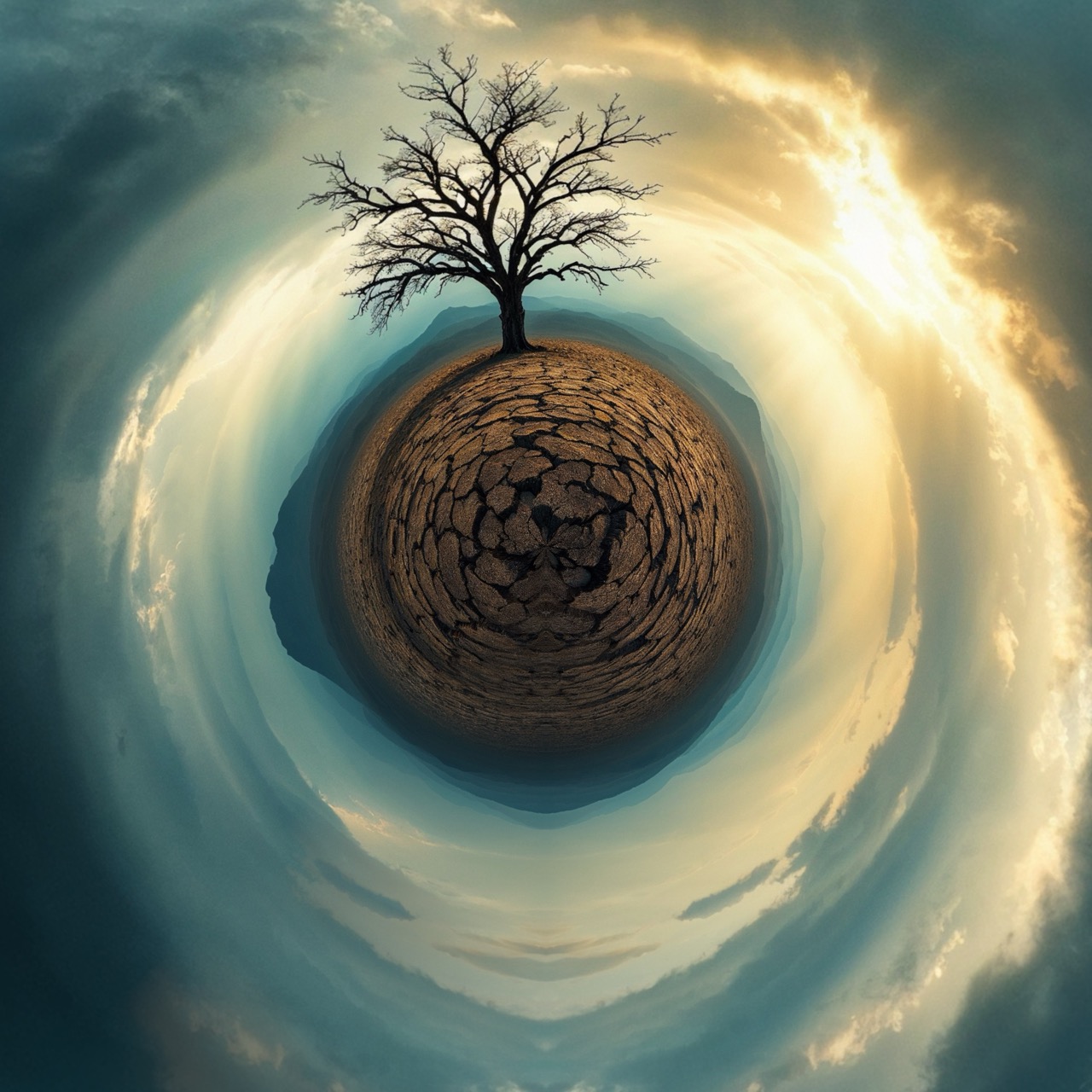 The tree photo as a Classic Planet — a floating world ringed by sky